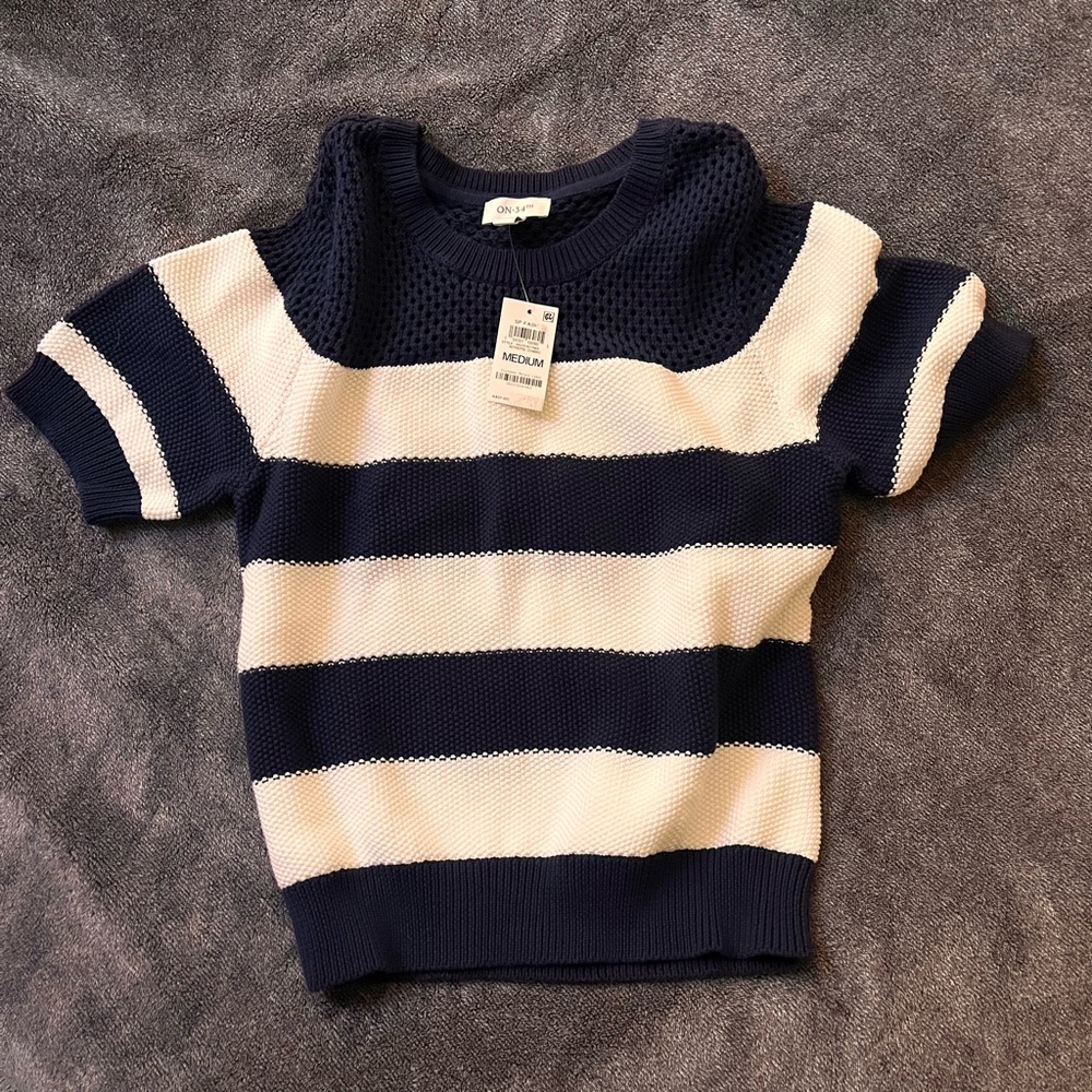 ON 34th Navy & White Knitted Top